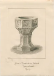Doopvont in Tettenhall Kerk (sepiatekening)