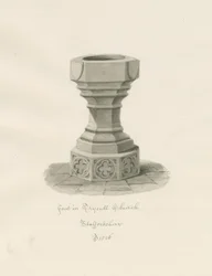 Doopvont in Trysull Kerk: sepia wassing tekening