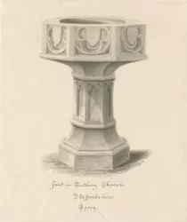 Doopvont in Tutbury Priory Kerk: sepia wassing tekening