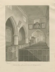 Interieur van Cannock Kerk: sepia tekening