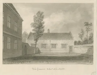 Lichfield - Grammar School: sepia tekening
