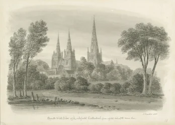 Lichfield Kathedraal - Zuidwestelijke Aanblik: sepia tekening
