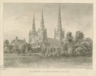 Lichfield Kathedraal - Zuidwestaanzicht: sepia tekening