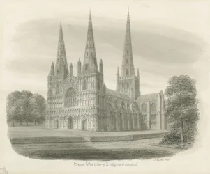Lichfield Kathedraal - Zuidwestaanzicht: sepia tekening