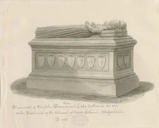 Maer Church - Monument voor Sir John Bowyer en Lady Catherine: sepia wash tekening, 1843