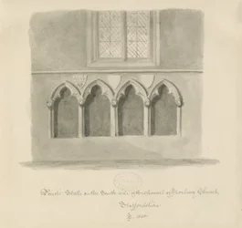 Norbury Church - Priesterstallen: sepia was tekening, 1843