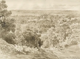 Patshull House en Park: sepia wassing tekening