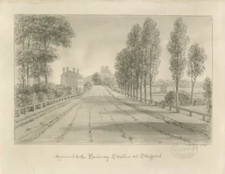 Stafford - Toegang tot het treinstation: sepia tekening