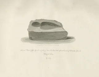Standon Kerk: Oude Stenen Kist: sepia tekening, 1847
