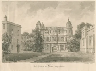 Tixall Hall en Poortgebouw: sepia tekening, 1841