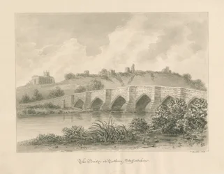 Tutbury Kasteel, Kerk en Brug: sepia wassing tekening