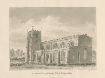 Tutbury Priory Kerk: sepia was tekening, 1812
