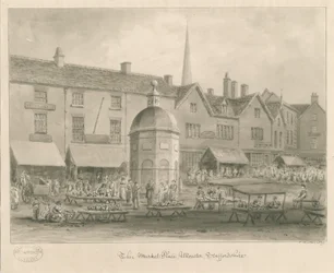 Uttoxeter Stad - Marktplein: sepia wassing tekening