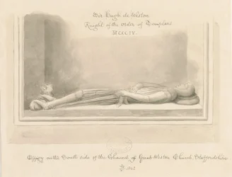 Weston-under-Lizard Church - Beeld van Sir Hugh de Weston: sepia tekening, 1842