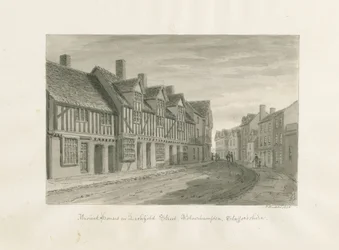 Wolverhampton - Oude Huizen in Lichfield Street: sepia tekening