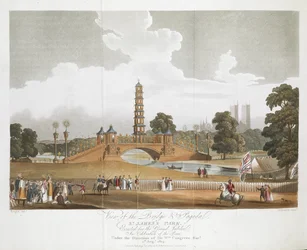 Uitzicht op de brug en pagode, St James