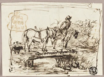Schets van paarden die een brug oversteken