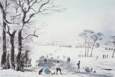 Uitzicht op Buckingham House en St James Park in de Winter, uitgegeven door R. Havell en Zonen, 1810