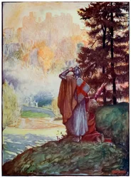 Christian en Hopeful zien de Hemelse Stad vanuit De Pelgrimsreis van Deze Wereld naar Die Welke Komt door John Bunyan, illustratie door Byam Shaw