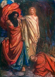 Gelovigen neergeslagen door Mozes (kleurenlitho)