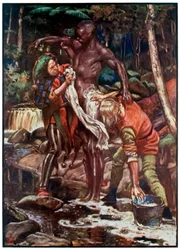 Dwaas en Onverstand wassen de Ethiopiër vanuit De Pelgrimsreis van Deze Wereld naar Die Welke Komt door John Bunyan, illustratie door Byam Shaw