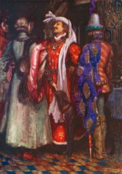 "Bid God dat we ons haasten en te laat komen!" Richard II - Akte I, Scène 4 (kleurenlitho)