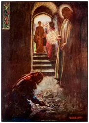 De man met de mestvork vanuit De Pelgrimsreis van Deze Wereld naar Die Welke Komt door John Bunyan, illustratie door Byam Shaw