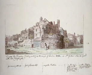 Bastion op de hoek van London Wall, St Giles zonder Cripplegate kerkhof, City of London, 1779