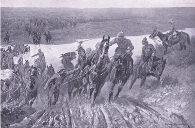 Artillerie die de Caledon oversteekt bij Karreepoort Drift, illustratie uit Na Pretoria: De Guerrillaoorlog, 1902