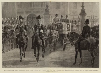 De tekenkamer van Hare Majesteit, H R H de Prins van Wales verlaat het paleis naar Marlborough House na de tekenkamer