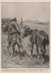 Wat de oorlog heeft gedaan met onze cavaleriepaarden, een soldaat die zijn uitgeputte paard leidt