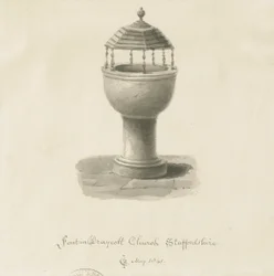 Doopvont in de kerk van Draycott in the Moors: sepiatekening