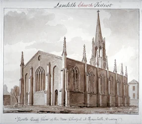 Noordoostelijk uitzicht op de kerk van St Mary the Less, Lambeth Butts, Londen