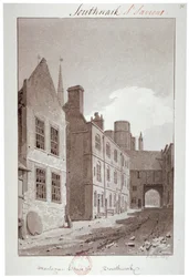 Uitzicht richting de poort van Montague House, Southwark, Londen, 1827