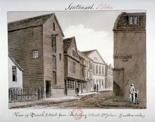 Uitzicht op Parish Street en Artillery Street, Bermondsey, Londen