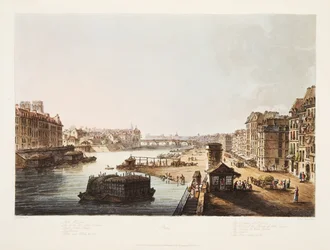 Eiland van St. Louis, de torens van de kerk van Notre Dame, de brug van Notre Dame, het Louvre, de graankade, illustratie uit Versailles, Parijs en Saint Denis, uitgegeven 1805