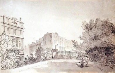 Uitzicht op Fitzroy Square met Twee Figuren die een Tuinwals trekken, c.1808