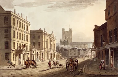 Uitzicht op het Stadhuis, de Markt en de Abdijkerk, uit 