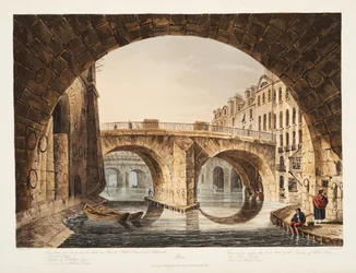 Uitzicht genomen van onder de eerste boog van de brug van het Hotel Dieu, de Kleine Brug, deel van Hotel Dieu, illustratie uit Versailles, Parijs en Saint Denis, uitgegeven 1809