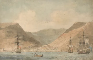 Uitzicht op Jamestown, St. Helena, vanaf de zee met schepen