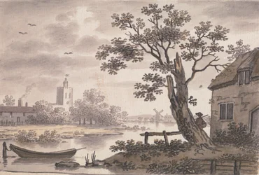 Rivierscène met Kerk, Huisje en Windmolen