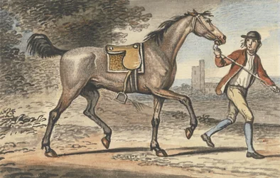 Staljongen die een Dravend Paard leidt in een Landschap met een Kasteeltoren