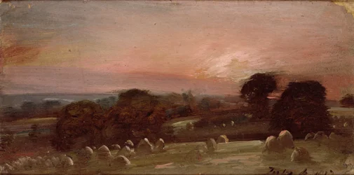 Een Hooiveld bij East Bergholt bij Zonsondergang