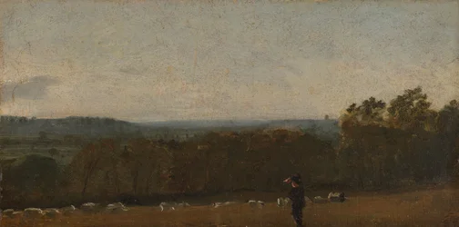 Een Herder in een Landschap die uitkijkt over Dedham Vale naar Langham