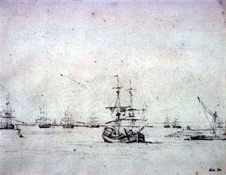 Een brik voor anker en andere schepen in de Theems