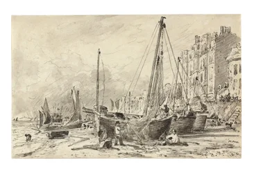 Gestrandde vissersboten met vissers die netten repareren op het strand van Brighton, kijkend naar het westen, ca. 1824-28
