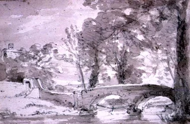 Brug met bomen en gebouwen, bij Haddon