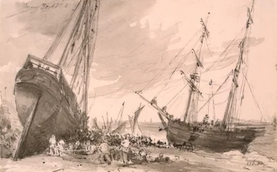 Kustscène van Brighton met twee schepen op de voorgrond, 30 mei 1828