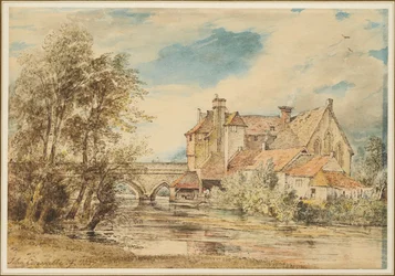 Oude huizen op Harnam Bridge, Salisbury, met het oude ziekenhuis van Sint-Nicolaas