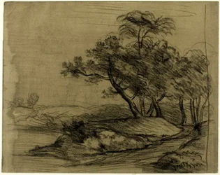 Rivieroever met bomen (recto); kudde vee onder bomen, met inzet van een schets van het landschap (verso)